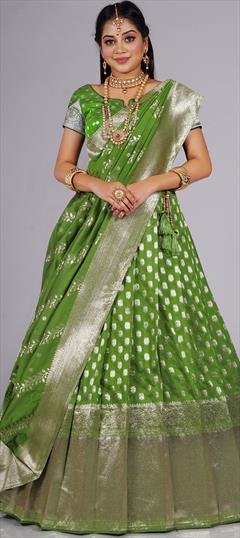 Engagement, Party Wear, Reception Green color Lehenga in Banarasi Silk fabric with Flared Weaving work : 1895268