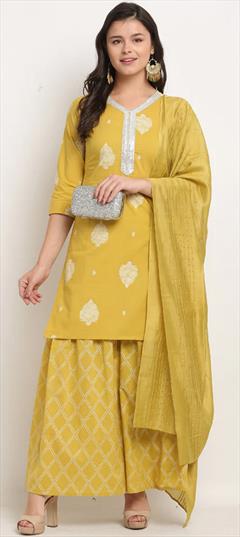 Festive, Party Wear, Reception Yellow color Salwar Kameez in Cotton fabric with Palazzo, Straight Embroidered, Thread, Zari work : 1895275