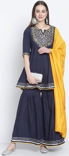Festive, Party Wear, Reception Blue color Salwar Kameez in Cotton fabric with Sharara, Straight Embroidered, Gota Patti, Thread, Zari work : 1895278