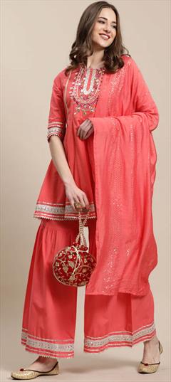 Festive, Party Wear, Reception Pink and Majenta color Salwar Kameez in Cotton fabric with Sharara, Straight Embroidered, Gota Patti, Resham, Thread work : 1895294