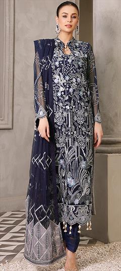 Engagement, Festive, Reception Blue color Salwar Kameez in Faux Georgette fabric with Straight Embroidered, Sequence, Thread, Zari work : 1895359