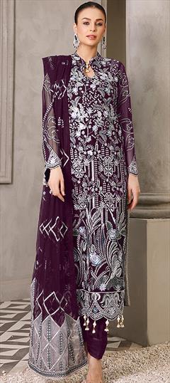 Engagement, Festive, Reception Purple and Violet color Salwar Kameez in Faux Georgette fabric with Straight Embroidered, Sequence, Thread, Zari work : 1895360