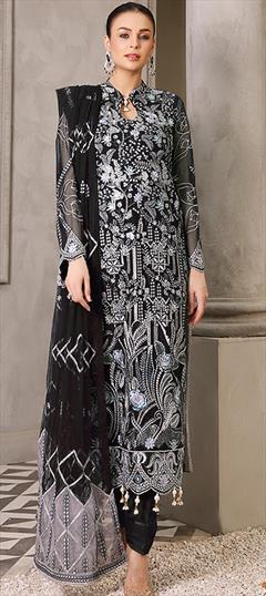 Engagement, Festive, Reception Black and Grey color Salwar Kameez in Faux Georgette fabric with Straight Embroidered, Sequence, Thread, Zari work : 1895361