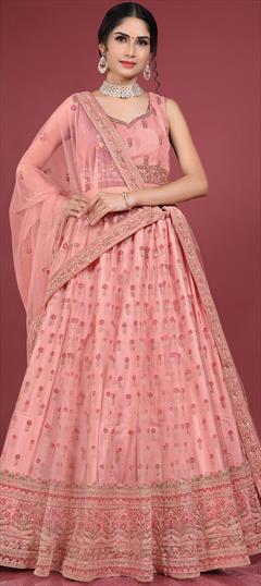 Bridal, Reception, Wedding Pink and Majenta color Lehenga in Net fabric with Flared Embroidered, Resham, Sequence, Thread work : 1895423