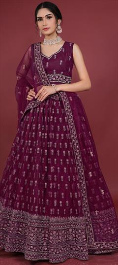 Bridal, Party Wear, Wedding Purple and Violet color Lehenga in Net fabric with Flared Embroidered, Resham, Sequence, Thread work : 1895426