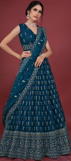 Bridal, Reception, Wedding Blue color Lehenga in Net fabric with Flared Embroidered, Resham, Sequence, Thread work : 1895430