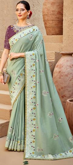 Traditional, Wedding Green color Saree in Silk fabric with South Border, Embroidered, Resham, Stone, Thread work : 1895524