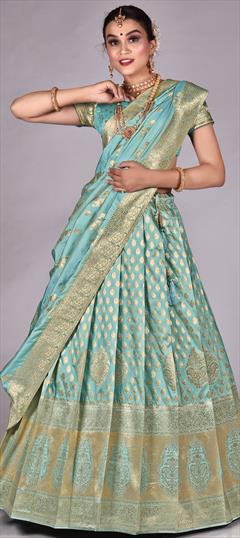 Engagement, Reception, Wedding Blue color Lehenga in Banarasi Silk fabric with Flared Weaving, Zari work : 1895532