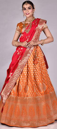 Engagement, Reception, Wedding Gold, Red and Maroon color Lehenga in Banarasi Silk fabric with Flared Weaving, Zari work : 1895540
