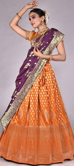 Engagement, Reception, Wedding Gold, Purple and Violet color Lehenga in Banarasi Silk fabric with Flared Weaving, Zari work : 1895544