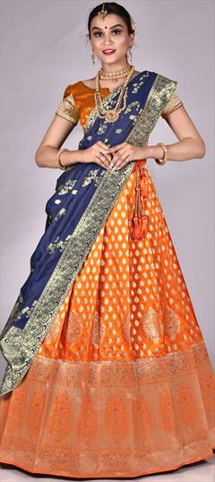 Engagement, Reception, Wedding Blue, Gold color Lehenga in Banarasi Silk fabric with Flared Weaving, Zari work : 1895546