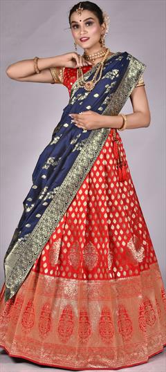 Engagement, Reception, Wedding Blue, Red and Maroon color Lehenga in Banarasi Silk fabric with Flared Weaving, Zari work : 1895548