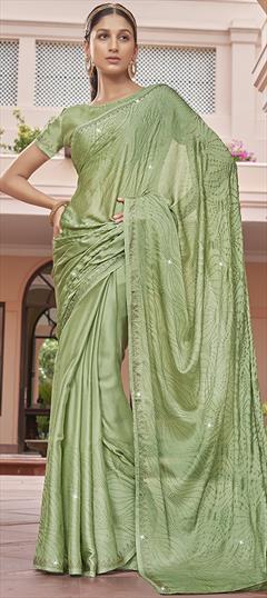 Festive, Party Wear, Reception Green color Saree in Chiffon fabric with Classic Stone, Swarovski work : 1895600
