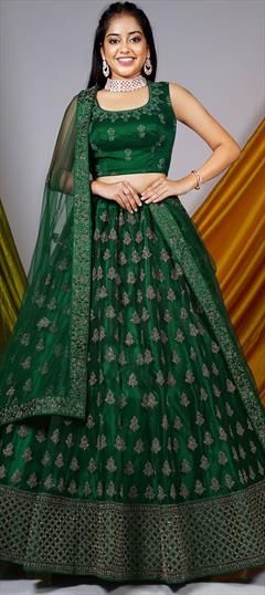 Party Wear, Reception, Wedding Green color Lehenga in Net fabric with Flared Embroidered, Sequence, Thread work : 1895684
