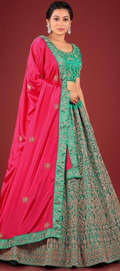 Party Wear, Reception, Wedding Green color Lehenga in Net fabric with Flared Embroidered, Resham, Sequence, Thread, Zari work : 1895740