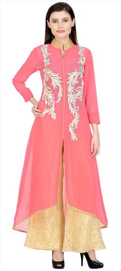 Party Wear Pink and Majenta color Salwar Kameez in Georgette fabric with Palazzo Embroidered, Resham, Thread work : 1895768