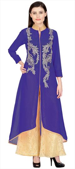 Party Wear Blue color Salwar Kameez in Georgette fabric with Palazzo Embroidered, Resham, Thread work : 1895770