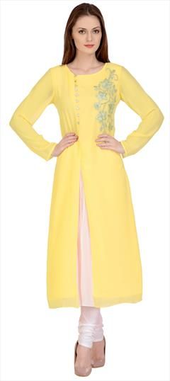 Party Wear Yellow color Salwar Kameez in Georgette fabric with Churidar Embroidered, Resham, Thread work : 1895771