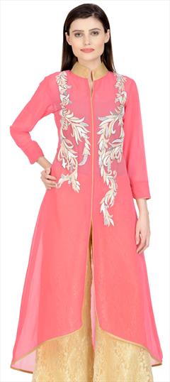 Festive Pink and Majenta color Kurti in Georgette fabric with Long Sleeve, Slits Embroidered, Resham, Thread work : 1895777