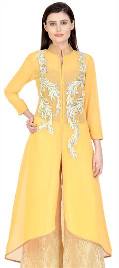 Festive Yellow color Kurti in Georgette fabric with Long Sleeve, Slits Embroidered, Resham, Thread work : 1895783