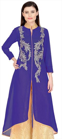 Festive Blue color Kurti in Georgette fabric with Long Sleeve, Slits Embroidered, Resham, Thread work : 1895785