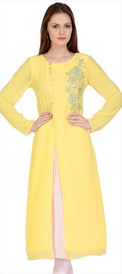 Festive Yellow color Kurti in Georgette fabric with Long Sleeve, Slits Embroidered, Resham, Thread work : 1895789