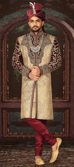 Wedding Beige and Brown color Sherwani in Jamawar fabric with Bugle Beads, Patch, Thread, Zari work : 1895979