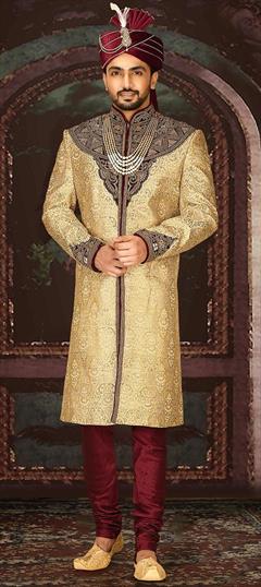Wedding Beige and Brown color Sherwani in Jamawar fabric with Bugle Beads, Patch, Thread, Zari work : 1895980