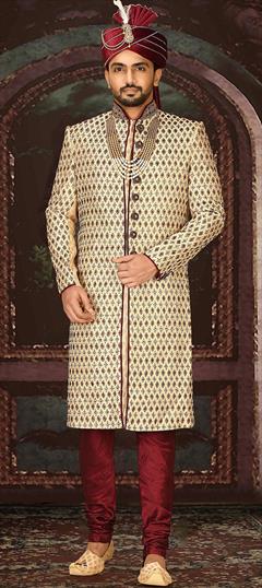 Wedding Beige and Brown color Sherwani in Jamawar fabric with Bugle Beads, Moti work : 1895983