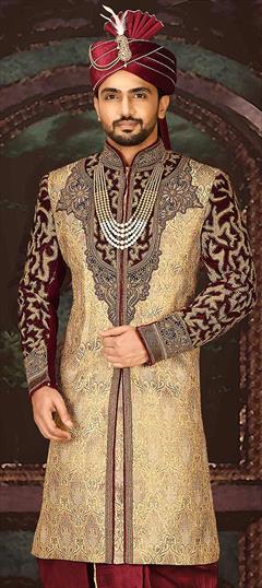 Party Wear Beige and Brown color Blazer in Jamawar fabric with Bugle Beads, Patch, Thread, Zari work : 1896052