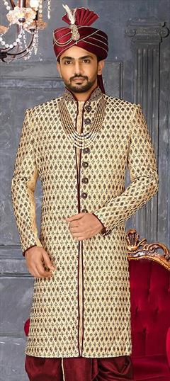 Party Wear Beige and Brown color Blazer in Jamawar fabric with Bugle Beads, Moti work : 1896063