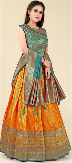Festive, Reception, Wedding Green, Yellow color Gown in Banarasi Silk fabric with Anarkali Weaving, Zari work : 1896127