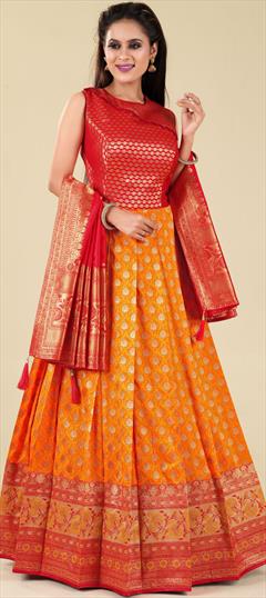 Festive, Reception, Wedding Red and Maroon, Yellow color Gown in Banarasi Silk fabric with Anarkali Weaving, Zari work : 1896128