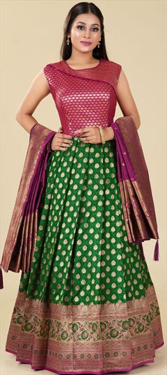 Festive, Reception, Wedding Green, Pink and Majenta color Gown in Banarasi Silk fabric with Anarkali Weaving, Zari work : 1896130