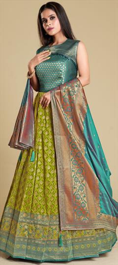 Festive, Reception, Wedding Blue, Green color Gown in Banarasi Silk fabric with Anarkali Weaving, Zari work : 1896131