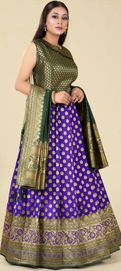 Festive, Reception, Wedding Green, Purple and Violet color Gown in Banarasi Silk fabric with Anarkali Weaving, Zari work : 1896134