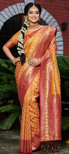 Party Wear, Traditional Yellow color Saree in Banarasi Silk, Silk fabric with South Weaving work : 1896145