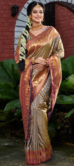 Party Wear, Traditional Black and Grey color Saree in Banarasi Silk, Silk fabric with South Weaving work : 1896147