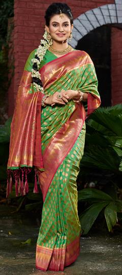 Party Wear, Traditional Green color Saree in Banarasi Silk, Silk fabric with South Weaving work : 1896149