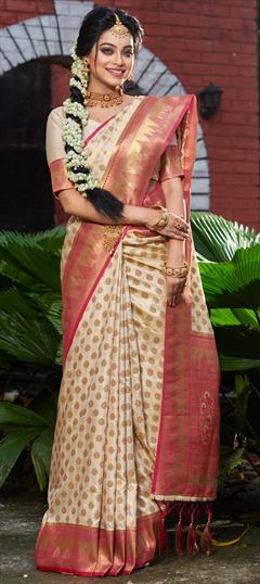 Party Wear, Traditional Beige and Brown color Saree in Banarasi Silk, Silk fabric with South Weaving work : 1896150