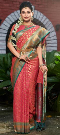 Party Wear, Traditional Pink and Majenta color Saree in Banarasi Silk, Silk fabric with South Weaving work : 1896151