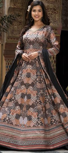 Festive, Mehendi Sangeet, Party Wear, Reception Black and Grey color Gown in Dolla Silk fabric with Cut Dana, Digital Print, Thread work : 1896264