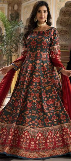 Festive, Mehendi Sangeet, Party Wear, Reception Green color Gown in Dolla Silk fabric with Cut Dana, Digital Print, Thread work : 1896266
