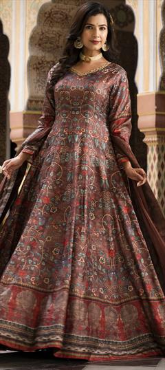 Festive, Mehendi Sangeet, Party Wear, Reception Beige and Brown color Gown in Dolla Silk fabric with Cut Dana, Digital Print, Thread work : 1896268