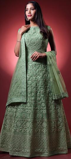 Mehendi Sangeet, Party Wear, Reception Green color Gown in Net fabric with Embroidered, Resham, Sequence, Thread work : 1896287