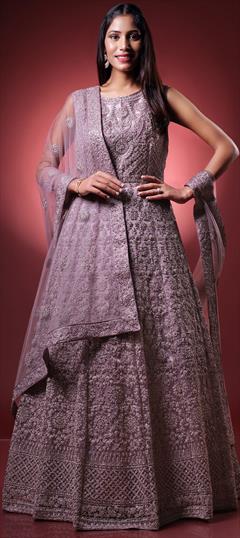 Mehendi Sangeet, Party Wear, Reception Purple and Violet color Gown in Net fabric with Embroidered, Resham, Sequence, Thread work : 1896288