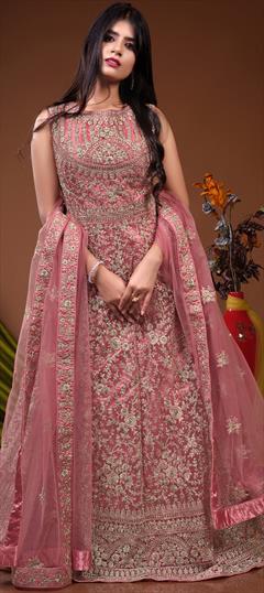 Mehendi Sangeet, Party Wear, Reception Pink and Majenta color Gown in Net fabric with Embroidered, Resham, Sequence, Thread work : 1896292