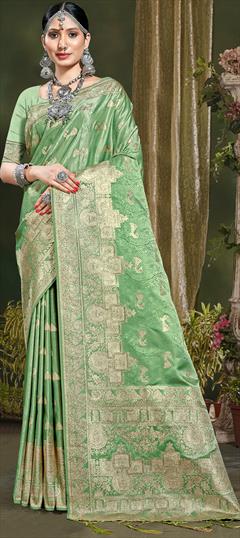 Reception, Traditional Green color Saree in Banarasi Silk, Silk fabric with South Weaving, Zari work : 1896347