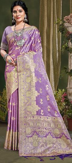 Reception, Traditional Purple and Violet color Saree in Banarasi Silk, Silk fabric with South Weaving, Zari work : 1896350