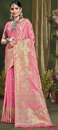 Reception, Traditional Pink and Majenta color Saree in Banarasi Silk, Silk fabric with South Weaving, Zari work : 1896353